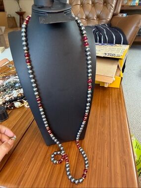 Long Pearl Bead Necklace with Red Accents